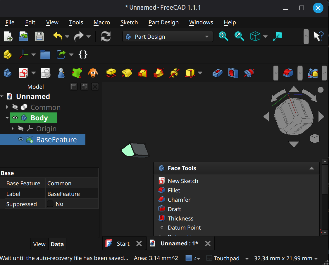 FreeCAD Part Design workbench base feature example